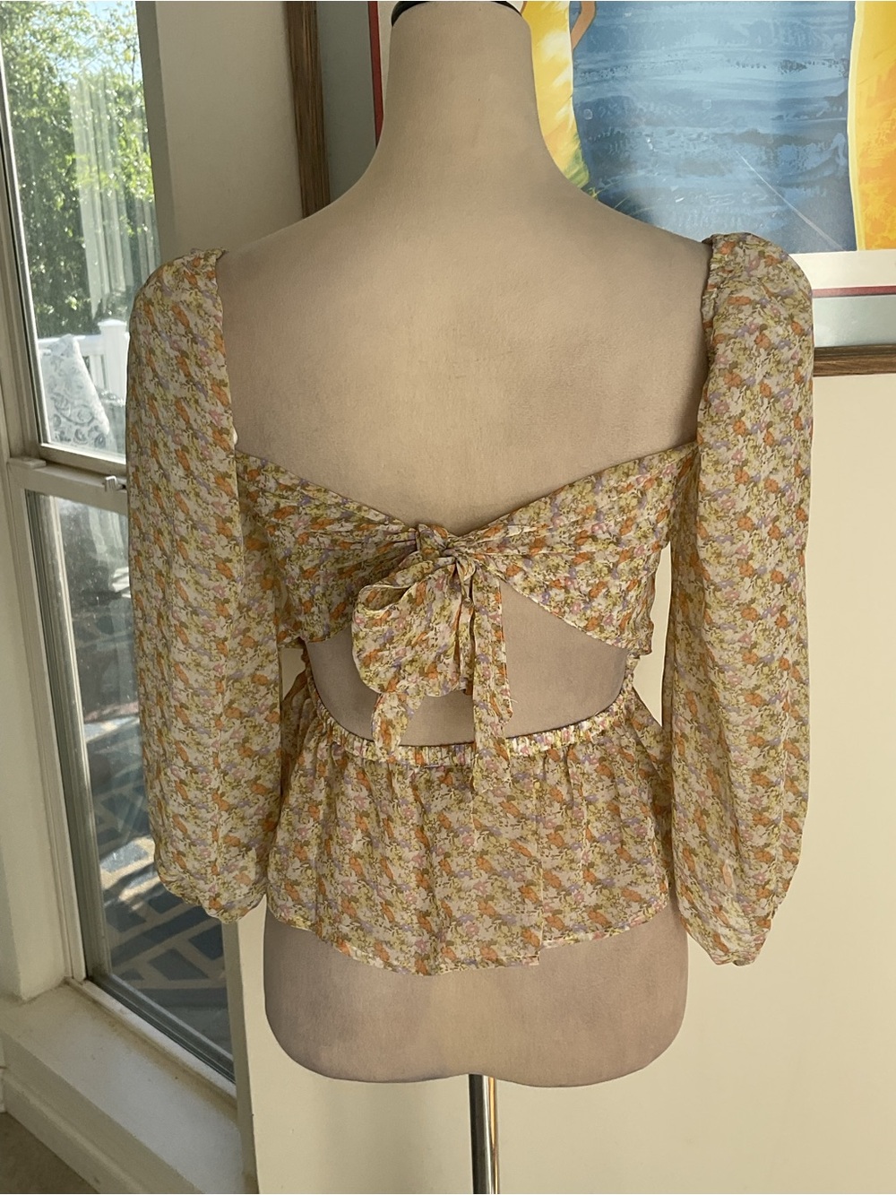 Astr Smocked Square-Neck Blouse in Cream and Yellow Floral - Picture 8 of 12